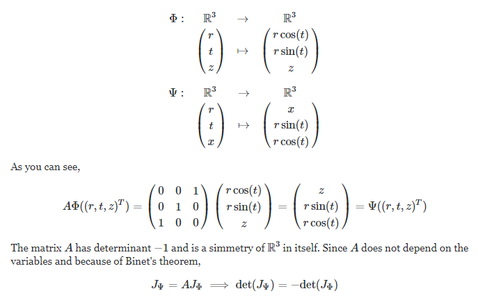 不同的坐标顺序去表换到相同的坐标系 https://math.stackexchange.com/questions/1144214/on-the-jacobian-determinant-for-conversion-to-cylindrical-coordinates